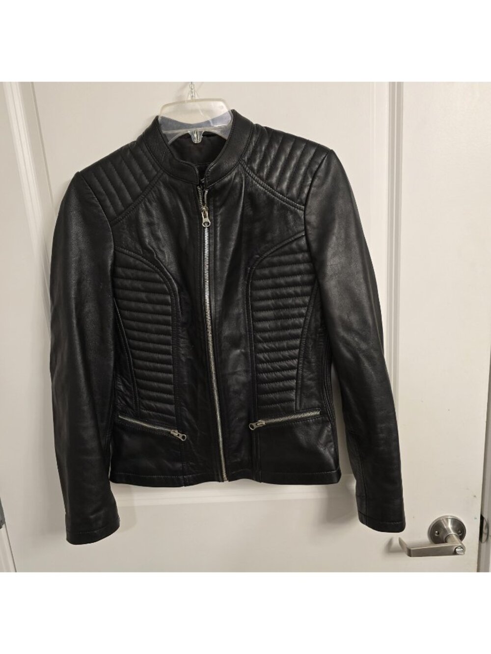 Women's Genuine Leather Moto Jacket Black Quilted Biker Style Full Zip